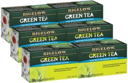 Bigelow Organic Wild Blueberry & Acai Hibiscus Kosher Certified Freshness & Aroma Non- GMO Caffeinated Green Tea (Case of 6)120 Tea Bags