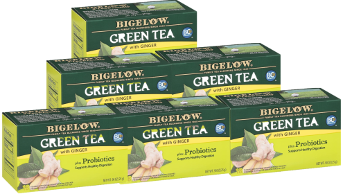 Bigelow Organic Herbal Green Tea w/Ginger Plus Probiotics, Gluten Free & Non-GMO Calorie-Free & Kosher Certified Caffeinated Tea (Case of 6)108 Bags