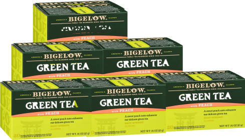 Bigelow Green Tea w/Peach Flavored Light Honey Ripe Orchard Peach Overtones Harmoniously Mixed w/Fresh Base Caffeinated Tea (Case of 6) 120 Tea Bags