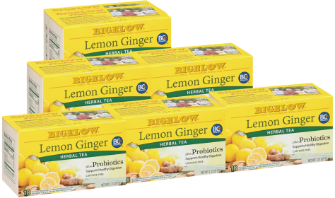 Bigelow Tea Organic Herbal Lemon Ginger Probiotics Lemongrass Lemon Peel Cinnamon Herbal Tea, Caffeine Free (Case of 6)108 Bags