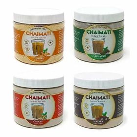 ChaiMati Herbal Assorted Chai Lattes Masala w/Ginger, Cardamom, Turmeric Powdered Instant Premix Caffeinated Tea (Pack of 1) Total 4 Jars