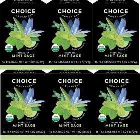 Choice Organics Herbal Mint Sage w/Black, Pu-erh, Oolong, Green, White & Herbal Bright & Aromatic Caffeine-Free Tea (Case of 6) 96 Tea Bags