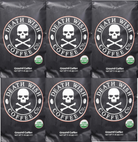 Death Wish Organic Intense Blend of Arabica & Robusta Beans Double Dark Roast Grounds Caffeinated Coffee (Case Of 6)16oz Bags