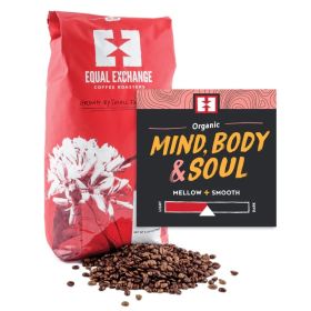 Equal Exchange Organic Mind Body & Soul Arabica Medium Roast Whole Bean w/Notes Milk Chocolate Vanilla & Nutty Caffeinated Coffee (Case of 6)12oz Bags