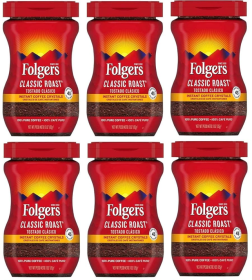 Folgers Classic Roast Instant 100% Arabica Light-Medium Roast Bean Caffeinated Coffee (Pack of 6) 8oz Jars