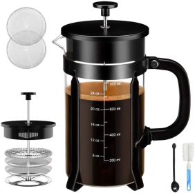 French Press Coffee Maker Black 4 Level Filtration System 304 Grade Stainless Steel Heat Resistant Borosilicate Glass (Pack of 1) 8 Cup 34oz