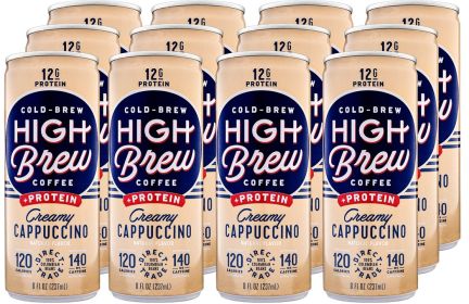 High Brew Cold Brew Coffee Creamy Cappuccino 100% Arabica Medium Roasted Ground Beans Bourbon Vanilla Latte Caffeinated Coffee (Pack Of 12) 8oz Cans