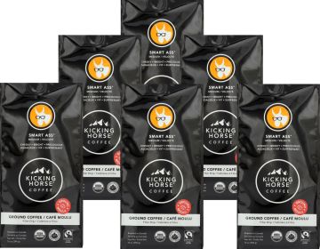 Kicking Horse Organic Smart Ass Indonesia Whole Bean Medium Roast Ground w/Cheeky Bright Precocious Fair-Trade Caffeinated Coffee (Case of 6)10oz Bags