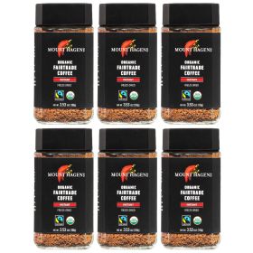 Mount Hagen 100% Organic Herbal Freeze Dried Granule Fair-Trade 100% Arabica Medium Roast Beans Caffeinated Instant Coffee (Case of 6) 3.53oz Jars