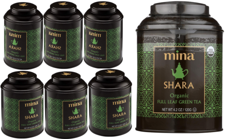 Mina Shara Organic Reusable Tin Premium Full Leaf Green w/Antioxidants Caffeinated Tea (Case of 6) 4.2 Oz Cans