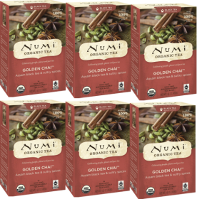 Numi Golden Chai Spiced Assam w/Rich Spicy & Sultry Cinnamon, Ginger, Anise, Cardamom High Caffeine Black Tea (Case of 6)18 Tea Bags