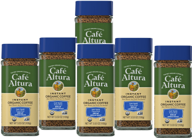 Cafe Altura Organic Instant Freeze Arabica Dried Medium Roast Rain Washed Sun Dried Fire Roasted Decaffeinated Coffee (Case of 6) 3.53oz Jars