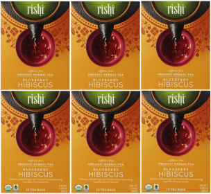 Rishi Organic Herbal Blueberry Hibiscus w/Elderberries, Rooibos, Schisandra Berries Caffeine-Free Tea (Case of 6) 90 Bags