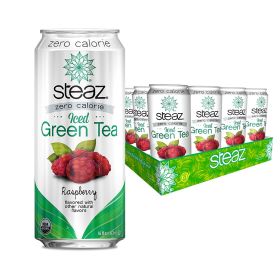 Steaz Organic Iced Green Tea Zero Calorie Raspberry w/Flavored Natural Fruit Flavors Fair-Trade Ready-To-Drink Caffeinated Tea (Case of 12)16oz Cans