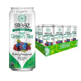 Steaz Organic Iced Green Tea Lightly Sweetened Blueberry Pomegranate w/Flavored Natural Flavors Ready-To-Drink Caffeinated Tea (Case of 12)16oz Cans