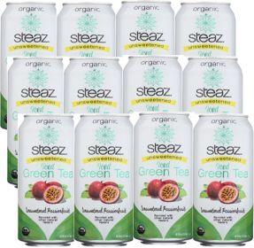 Steaz Organic Unsweetened Tropical Passionfruit w/Acerola Superfruit Iced Green Tea Ready-To-Drink Unsweetened Caffeinated Tea (Case of 12)16oz Cans