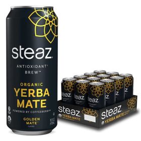 Steaz Organic Herbal Yerba Mate (Golden Mate) Fair-Trade Vegan Antioxidant Brew Caffeinated Tea (Case of 12) 16oz Tea Can