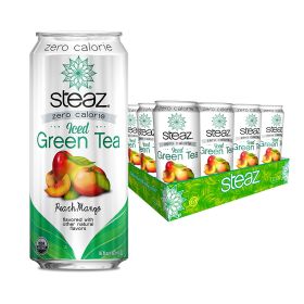 Steaz Organic Herbal Peach Mango w/Stevia Zero Calorie 15.99 Fl Oz Caffeinated Iced Green Tea, (Case of 12) 192.0oz Cans