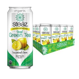 Steaz Organic Herbal Lemon w/Citrus Unsweetened Iced Tea, Loose Leaves Caffeinated Green Tea (Case of 12) 16oz Cans