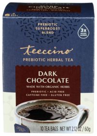 Teeccino Organic Herbal Prebiotic Superboost Dark Chocolate Blend w/Acid-Free Prebiotic Caffeine-Free Tea (Pack of 1)10 Tea Bags