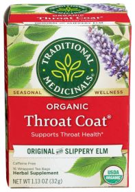 Traditional Medicinals Organic Herbal Throat Coat Eucalyptus Licorice Spearmint Respiratory Heath Supplement Caffeine-Free Tea (Pack of 1) 16 Bags