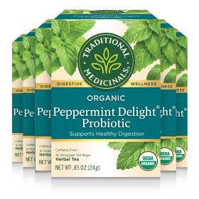 Traditional Medicinals Organic Herbal Peppermint Delight Probiotic Supports Healthy Digestion Caffeine-Free (Case of 6) 96 Tea Bags