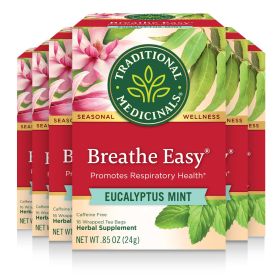 Traditional Medicinals Organic Herbal Breathe Easy Eucalyptus Mint Breath of Fresh Air Supplement Caffeine-Free Tea (Case of 6) 96 Tea Bags