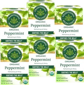 Traditional Medicinals Organic Herbal Peppermint Soothes Your Belly Digestive Discomfort Refreshing & Minty Caffeine-Free Tea (Case of 6) 16 Tea Bags