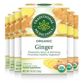 Traditional Medicinals Organic Herbal Ginger Healthy Digestion Pleasantly Spicy & Warming Supplement Caffeine-Free Tea (Case of 6) 96 Tea Bags