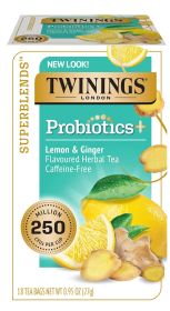 Twinings Superblends Herbal Probiotics+ Lemon & Ginger Flavoured w/Turmeric Caffeine-Free Tea (Pack of 1) 18 Total Tea Bags