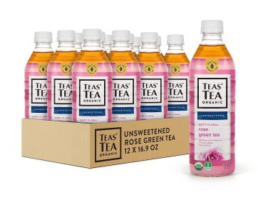 Teas' Tea Organic Unsweetened Rose Green w/Whole Leaf Green Tea & Delicate Rose Petals Sugar Free, 0 Calories Tea (Case of 12) 16.9oz Bottles