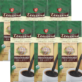 Teeccino Organic Herbal French Roast Dark Roast Grind Intense Deep w/Notes Ramon Seed Caffeine-Free Coffee (Case of 6) 11oz Bags