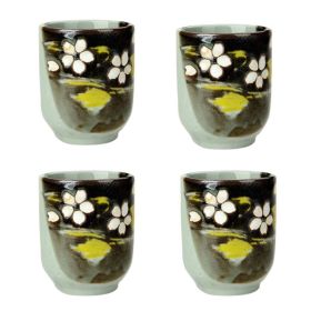 Japanese Style Carved Flower Ceramic 4Pcs Teacups Small Straight Wine Cups (Pack of 1) 150ML