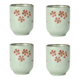 Japanese Style Pink Cherry Blossom Ceramic 4Pcs Teacups Small Straight Wine Cups (Pack of 1) 150ML