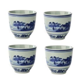 Chinese Style Blue Painting Ceramic 4Pcs Teacups Small Straight Wine Cups (Pack of 1)150ML