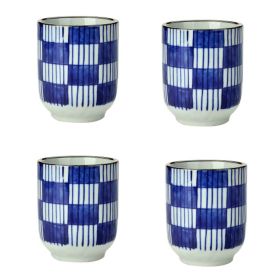 Japanese Style Blue White Blocks Ceramic 4Pcs Teacups Small Straight Wine Cups (Pack of 1) 150ML