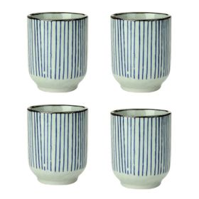 Japanese Style Blue Stripe Ceramic 4Pcs Teacups Small Straight Wine Glass (Pack of 1) 150ML