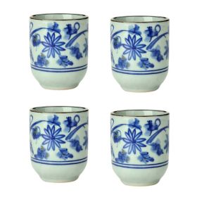 Japanese Style Blue Flower Ceramic 4Pcs Teacups Small Straight Wine Glass (Pack of 1) 150ML