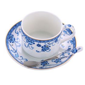 Ceramic Coffee Cup (Blue White) Set British Afternoon Tea Mug w/Plate & Spoon Combination (Pack of 1) 6.8oz Set