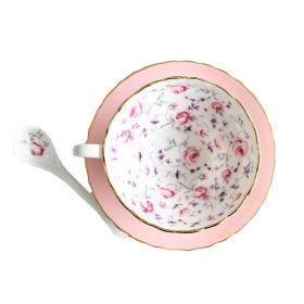 Ceramic Tea Cup Set Pink Floral English Tea Cups & Saucers Set w/Spoon Afternoon Tea Cup (Pack of 1) 5.4oz Set