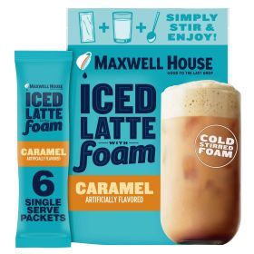 Maxwell House 100% Arabica Medium Roast Bean Iced Caramel Latte w/Foam Instant Drink Mix Caffeinated Coffee (Case of 6) 5.82oz Packets