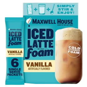 Maxwell House 100% Arabica Medium Roast Ground Beans Iced Vanilla Latte w/Foam Drink Mix Instant Coffee (Pack of 6) 5.92oz Packets