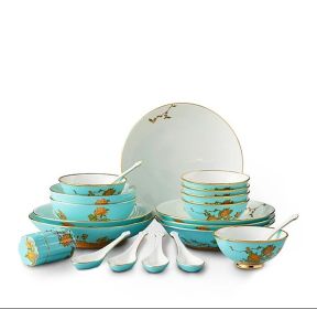 Auratic Chinese Painted Ceramic (Lake Blue, Peony)Tableware Set Dinnerware (22-Piece) w/Plates, Bowls, Spoons, Toothpick Holder (Pack of 1) Set for 6