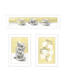 Artisan House Fenway "Tea Cups & Yellow Flowers" 3-Piece Vignette Wall Art Wood Multi-Color Ready to Hang Framed Print (Pack of 1) White Frame