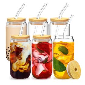 Mason Jar Cups w/Lid 16oz Reusable Glass Beer Can w/Bamboo Lids Glass Straws Cleaning Brush for Iced Coffee Smoothie Tea (Pack of 1) 6Pcs Jars