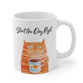 Start the Day Right Cat Holding Goldfish White Ceramic Rounded Corners C-Handle Coffee Tea Mug (Pack of 1)11oz Mug