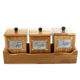 WILLART Handcrafted Teak Wood Antique Look Tea Coffee Sugar in Wooden Tray Container with Lids (Pack of 1) 3 Container Set