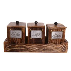 WILLART Handcrafted Wooden Antique Look Tea Coffee Sugar 3 Large Container Set in Wooden Tray (Pack of 1) 4 x 4 x 5.5 Container Canister