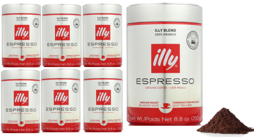 Illy Caffe Coffee Espresso 100% Arabica Medium Roast Ground Bean w/Notes of Caramel & Chocolate Caffeinated Coffee (Case of 6) 8.8oz Can