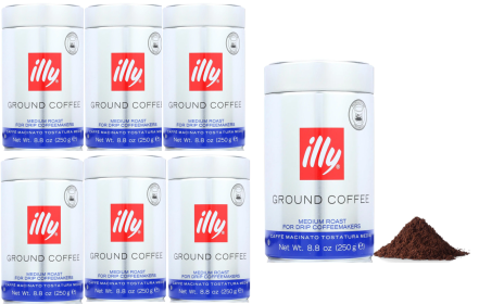 Illy Caffe Ground Drip Classico Arabica Medium Roast Ground Bean w/Notes of Caramel, Orange Blossom & Jasmine Caffeinated Coffee (Case of 6) 8.8oz Can